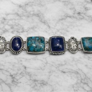 Sterling Silver Blue Lapis Lazuli and Turquoise Oval Link Bracelet